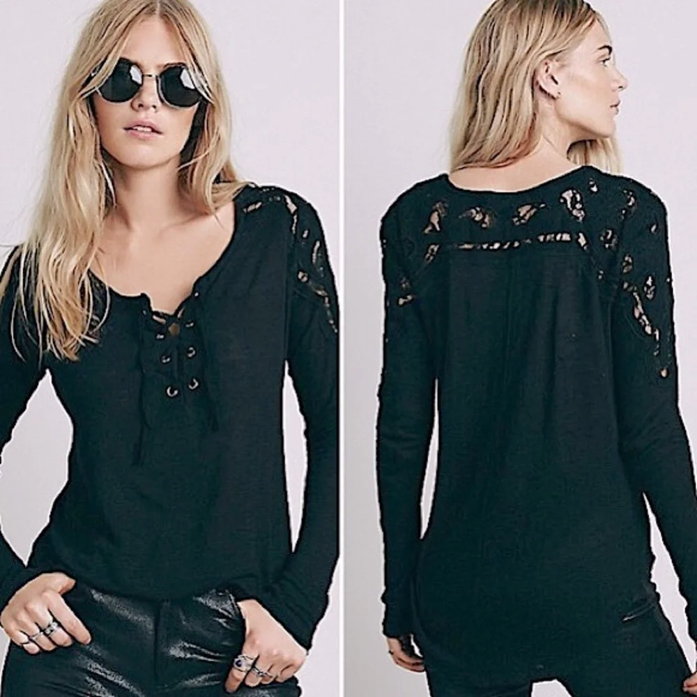 Free People Jennie Lace Up Sheer Lace Shoulder Long Sleeve Top Black XS